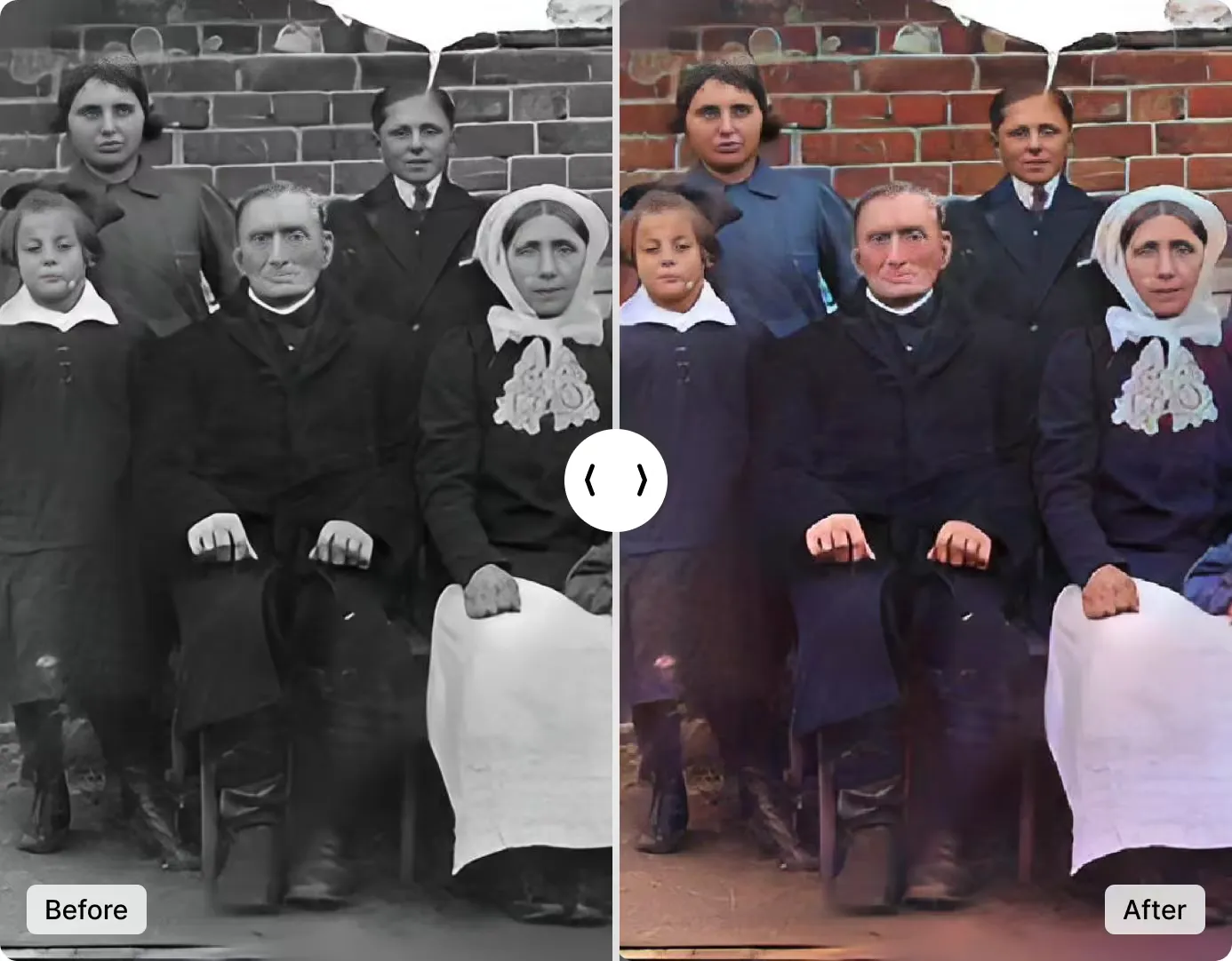 Old black and white family photo colorized to realistic color using AI