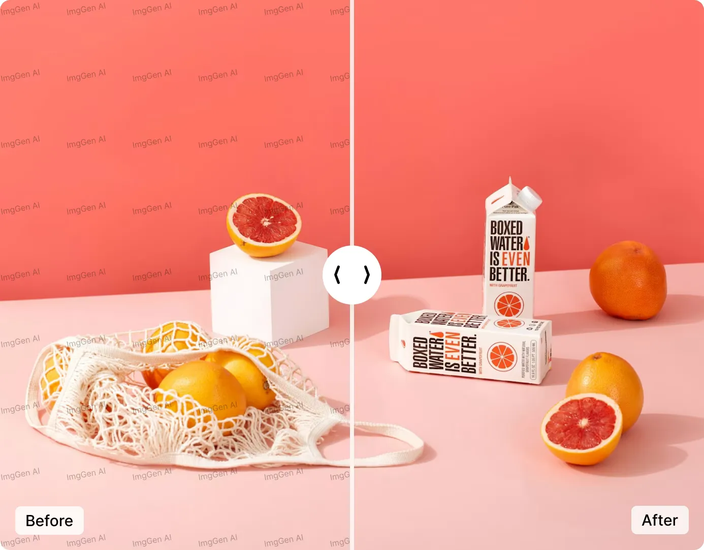 Before and after comparison: left half shows a photo with a watermark overlay, right half shows the same photo with the watermark cleanly removed