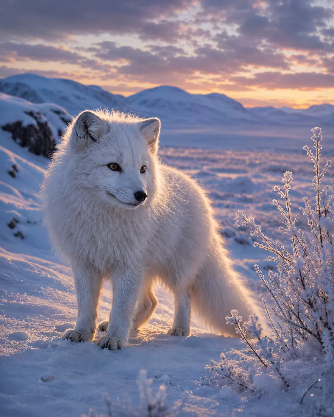 AI-generated arctic fox in a glowing snowy landscape created with ImgGen