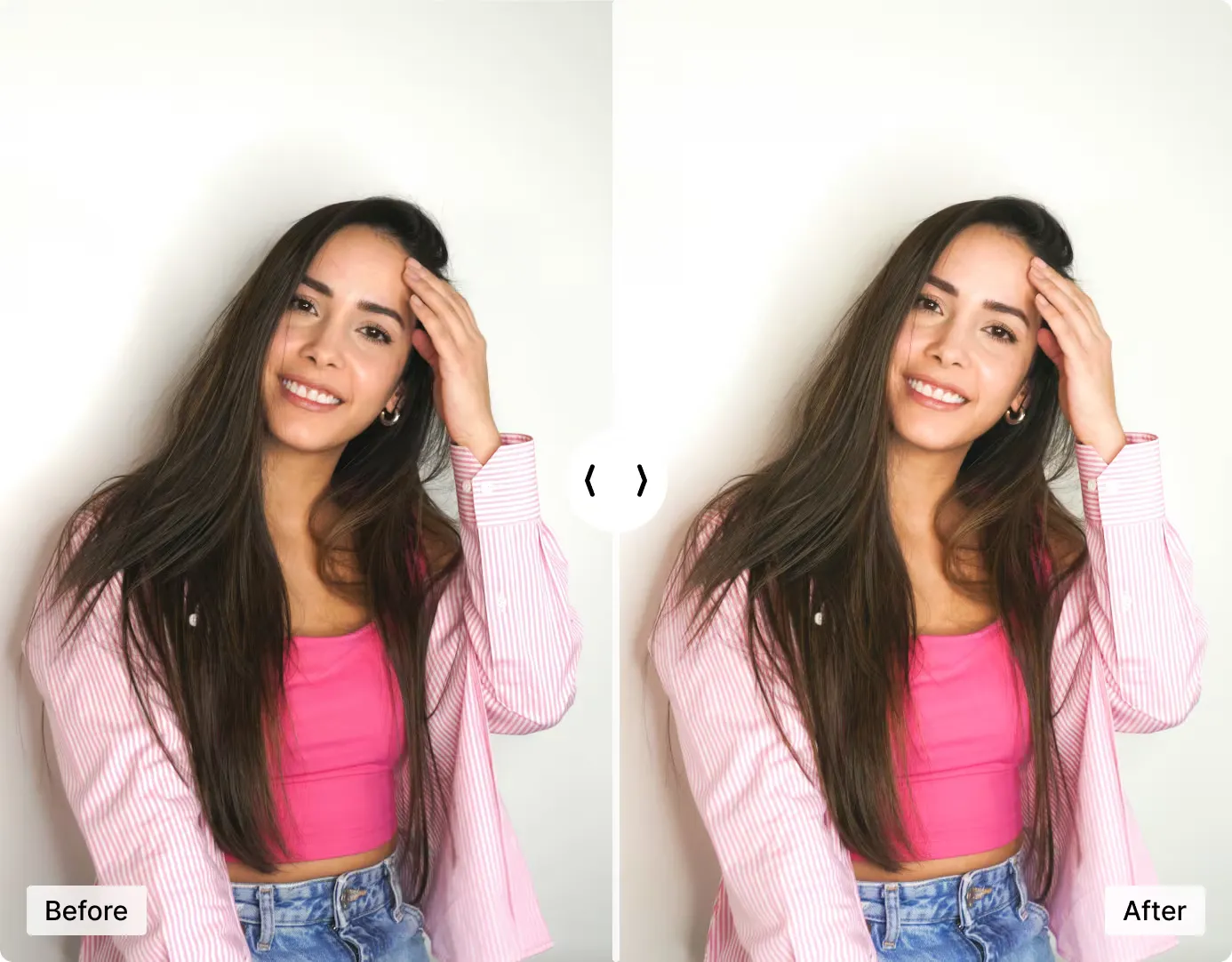Portrait before and after AI retouching — skin smoothed, blemishes removed, eyes brightened