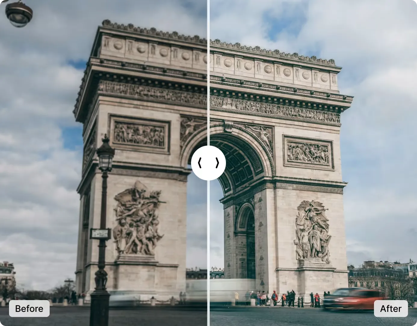 Before and after AI photo enhancement showing improved colors, sharpness, and lighting