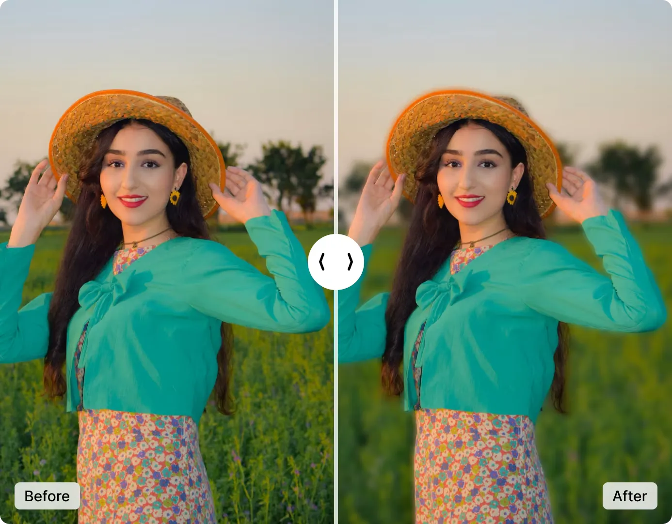 Portrait photo with sharp subject and AI-blurred background creating natural bokeh depth of field